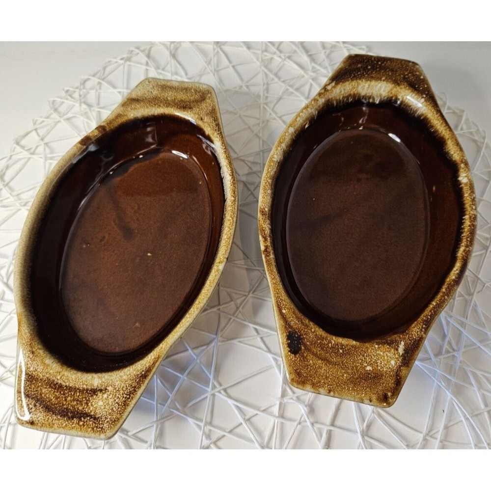 Set of 2 Vintage Western Stoneware Maple Leaf USA Brown Drip Casserole Dishes